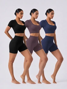 SHEIN Velisys 6pcs/Set Regular Fit Ribbed Square Neck Basic Black Navy Purple Sports Fitness Seamless Yoga Set - Multicolor - View 4