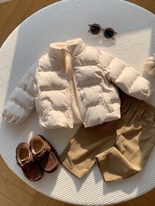 SHEIN 男女嬰幼兒秋冬超厚抓絨內裡立領杏色加厚棉襖外套，嬰兒棉襖冬裝絎縫加厚外套 - 杏色 - 查看 5
