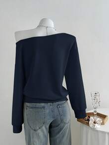 Elamini 女款不對稱領字母刺繡寬鬆休閒衛衣，秋冬 Y2K 風格穿搭 - 藏蓝色 - 查看 2