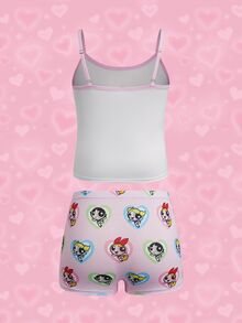 THE POWERPUFF GIRLS X SHEIN Tween Girl Cartoon Print Camisole And Hipster Panty Casual Daily Underwear Set - Pink - View 2