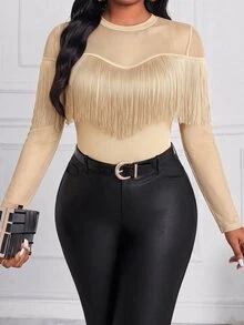 SHEIN Lady 大尺碼女款流蘇設計休閒日常長袖T恤 - 杏色 - 查看 3