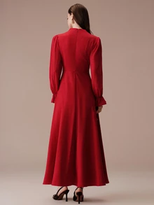 BELROSIE Women's Solid Color Pleated Casual Elegant Party Formal Dress Wedding Red Autumn - Burgundy - View 2