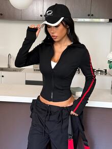 Muchica Women's Black Slim Fit Hooded Contrast Red Side Stripes Full Zip Stretch Sports Jacket Breathable Running Training Outdoor Activewear Outerwear Top - Black - View 4