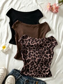 Sparklyn 3pcs/Set Girls' Vacation Fitted Off-Shoulder T-Shirts, Multi-Color - Multicolor - View 2