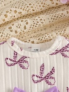 SHEIN Vintaside Kids 2件組新生女嬰杏色蝴蝶結豹紋圓領長袖荷葉袖抓絨內裡羅紋軟布料T恤＋彈性腰休閒粉色長褲，可愛時尚韓風甜美套裝，適合秋冬日常穿著、旅行、度假、派對及其他室內/戶外場合 - 紫色 - 查看 5