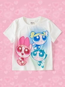THE POWERPUFF GIRLS X SHEIN Young Girl Cartoon Print Short Sleeve T-Shirt - White - View 1