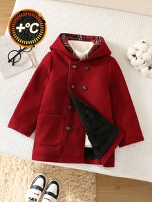 SHEIN Young Boy Loose Fit College Style Hooded Double-Breasted Thermal Lined Wool Coat - Burgundy - View 1