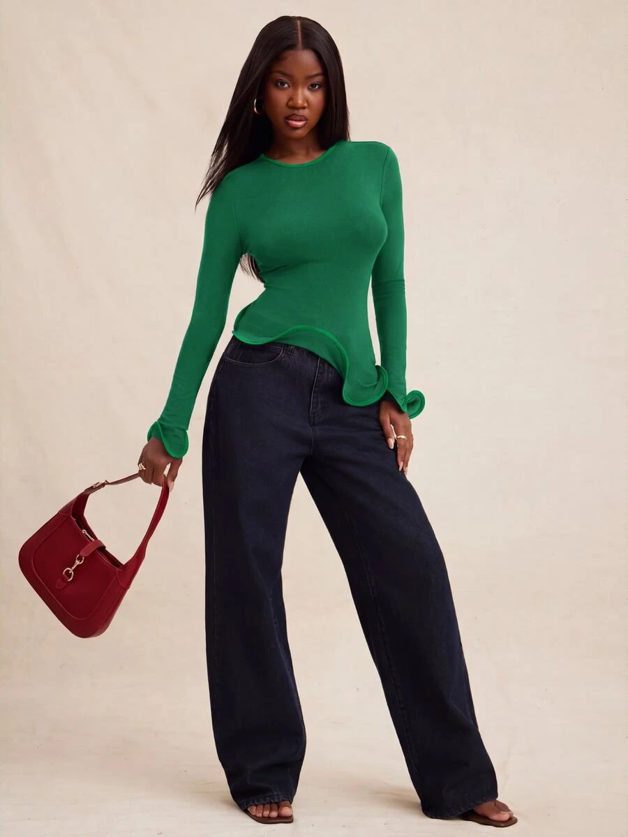 NYA SZN Top Long Sleeve Asymmetrical Fitted Special Occasion Church Elegant Everyday Going Out Birthday Date Night Out Statement Festival Summer Fall Winter - Dark Green - View 1