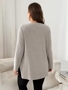 Shapeblank Plus Size Versatile Fashion Long Sleeve T-Shirt With Split Hem, Fall, Going Out Top, Simple Style, Warm Autumn Top T-Shirt For Women Fall/Winter - Apricot - View 3