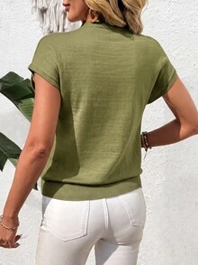 EMERY ROSE 女款純色圓領蝙蝠袖鈕扣休閒優雅針織毛衣，適合辦公室與早午餐，鼠尾草綠，秋冬款 - 綠色 - 查看 2