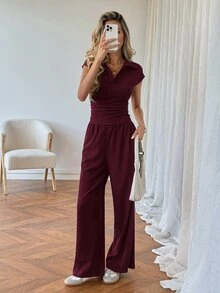 SHEIN LUNE 休閒女款 Polo 領短袖上衣與長褲 2 件套裝 - 酒紅色 - 查看 6