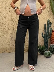 SHEIN 孕婦黑色口袋寬腿寬鬆休閒牛仔褲 - 黑色 - 查看 6