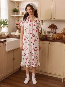 Tulorae Summer Short Sleeve Button-Front Dress Cherry Print Ruffle Hem Women's Nightgown - Apricot - View 4