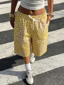 Muchica Spring/Summer New Casual High Street Plus Size Bermuda Shorts, Pink Leopard Print Sweatshirt Fabric, Elastic Waist With Drawstring, Suitable For Daily Wear, Outings, Parties, Music Festivals, Back To School, Graduation, Vacation, Versatile For Outerwear Or Layering - Pale Yellow - View 5
