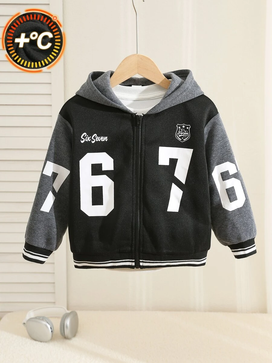 SHEIN 小男孩休閒百搭 67 號色塊拼接厚款連帽外套 - 黑色 - 查看 1