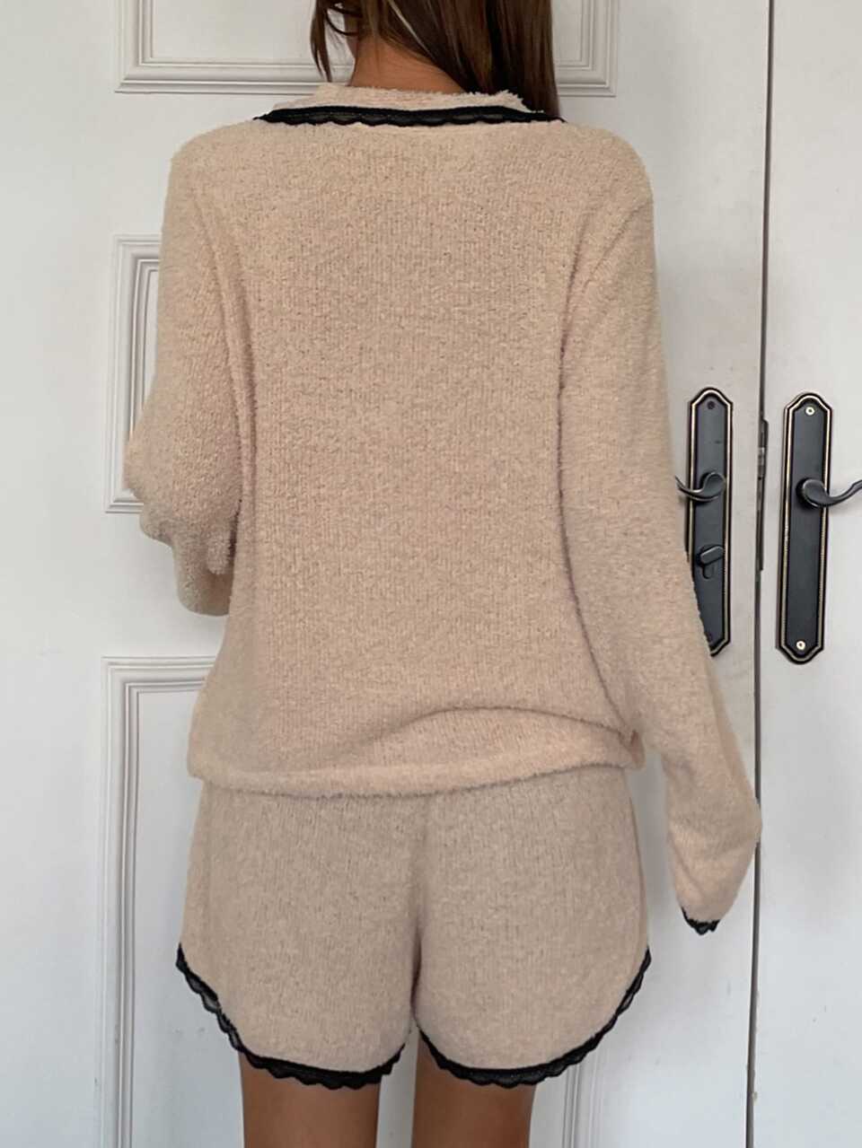 Autumn/Winter Plush Knit Colorblock Lace Patchwork Loose Women's Pajama Set