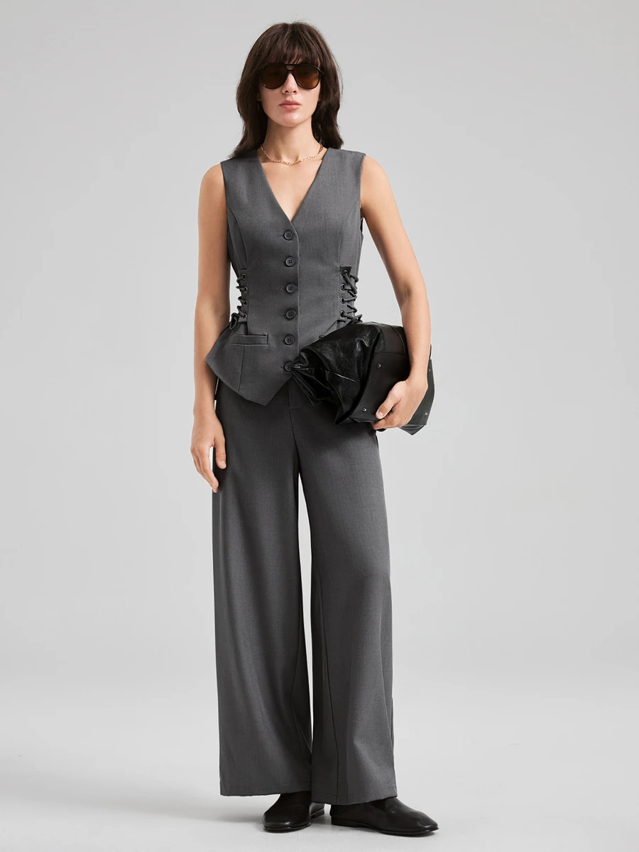 Ontre Women's Gray V-Neck Sleeveless Blazer And Straight-Leg Capri Pants, Urban Fashion Business Casual Office Work Wear, Elegant Commuter Suit Set Summer - Grey - View 1