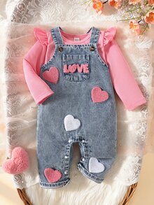 SHEIN 嬰兒女童純色套頭長袖上衣與3D兔子裝飾無袖吊帶連身褲T恤套裝 - 粉色 - 查看 7