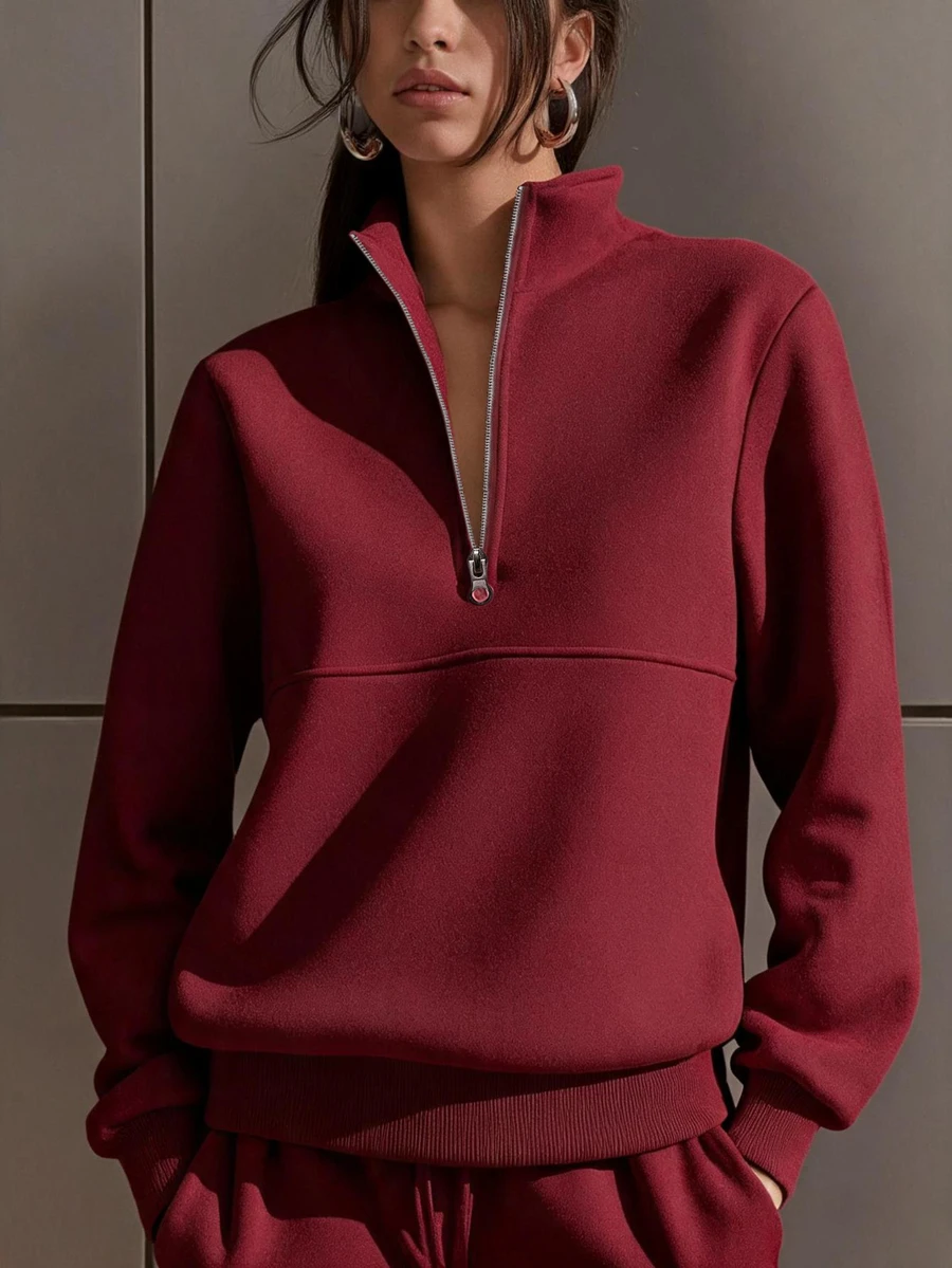 SHEIN EZwear 女款素色休閒百搭日常長袖運動衫 - 玫紅色 - 查看 1
