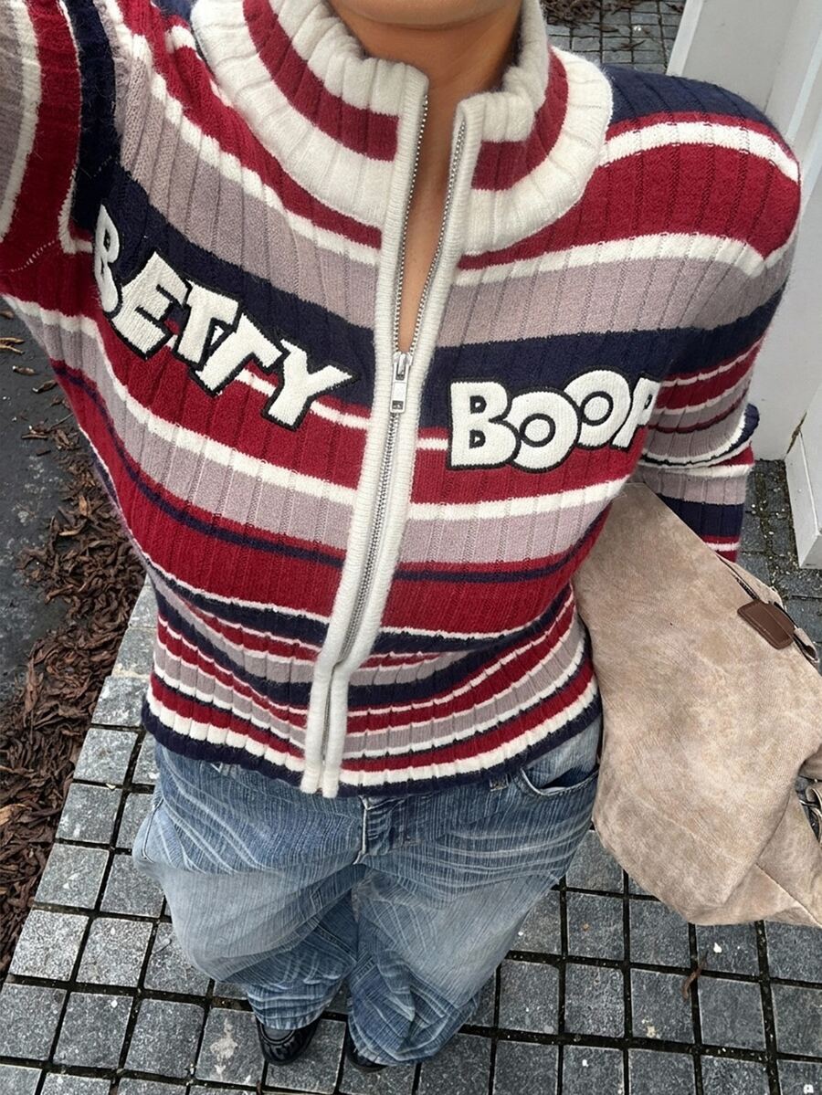 Betty Boop x DAZY Curve Contrast Color Patchwork Striped Letter Jacquard Long Sleeve Street Casual Slim Fit Blogger Autumn/Winter Sweater Cardigan - Multicolor - View 1