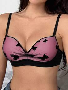 DAZY Butterfly Pattern Lace Patchwork Thin Adjustable Strap Padded Bra Women's Lingerie Fall - Pink - View 4