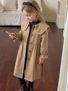 SHEIN Young Girl French Style Loose Double-Breasted Lapel Long Trench Coat, Casual Military Style, Suitable For Commuting And Outdoor Wear, All-Season; Perfect For Creating Y2K Style, Suitable For Daily And Personalized Looks - Khaki - View 9
