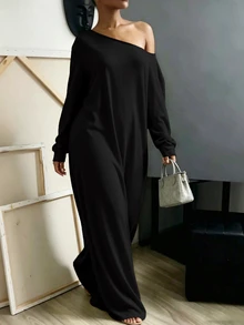INAWLY Solva Gaun Wanita Serbaguna Minimalis Warna Polos dengan Bahu Asimetris untuk Liburan - Hitam - View 3