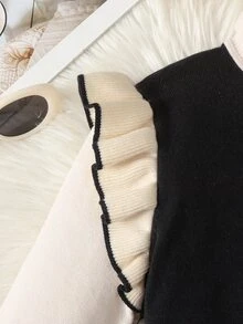SHEIN Tween女孩秋冬休閒優雅復古學院風可愛黑色與杏色拼接荷葉領二合一收腰洋裝，適合返校季、秋冬外出與日常穿著 - 黑色 - 查看 4