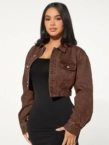 SHEIN SXY 女款時尚單排扣長袖短版牛仔夾克 - 摩卡棕 - 查看 4