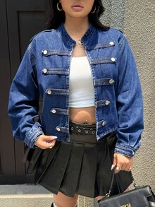 Rivivi Summer New Button-Down Loose Fit Plus Size Denim Jacket - Blue - View 3