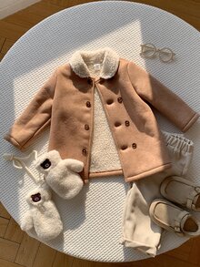 SHEIN 男女嬰兒/幼兒秋冬保暖內裡加厚翻領麂皮外套夾克，嬰兒冬季外套，保暖加厚填充外套 - 卡其色 - 查看 4