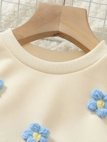 Elladie kids 女童韓系活力寬鬆灰色花卉衛衣 2合1蝴蝶結圖案 2件套 - 卡其色 - 查看 4