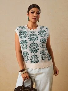 Travachic Atasan Rajut Wanita Ukuran Besar Motif Bunga Kasual Tradisional Serbaguna untuk Pakaian Sehari-hari Musim Panas Formal Liburan Warna Krem - MultiWarna - View 6