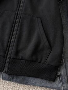 青少年女孩休閒運動風灰色小馬刺繡裝飾連帽開襟運動衫 - 黑色 - 查看 5