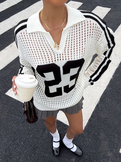 Muchica Women's New Autumn Casual Sports White Hollow-Out Polo Collar Number & Webbing Patchwork Loose Long Sleeve Sweater For Going Out, Streetwear, Y2K