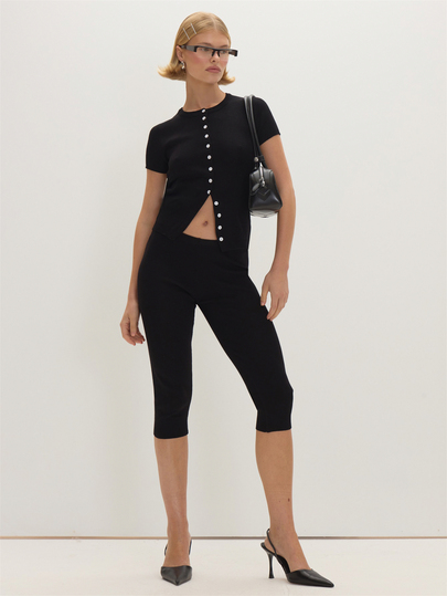 MUSEYN Pantalones Capri de Punto Elástico Negro con Cintura Elástica