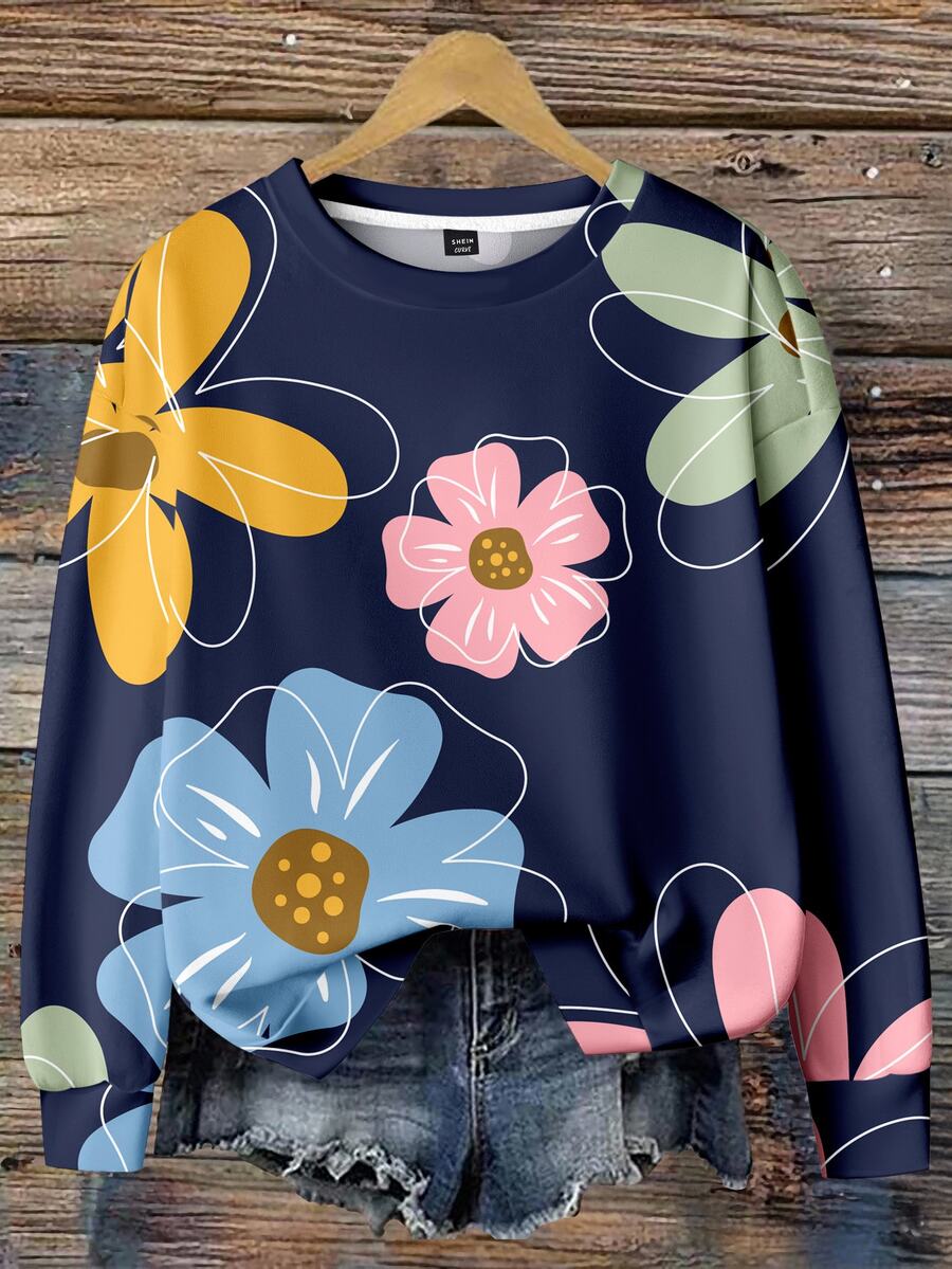 SHEIN LUNE 女款花卉印花圓領長袖休閒衛衣,適合度假穿著 - 彩色 - 查看 1