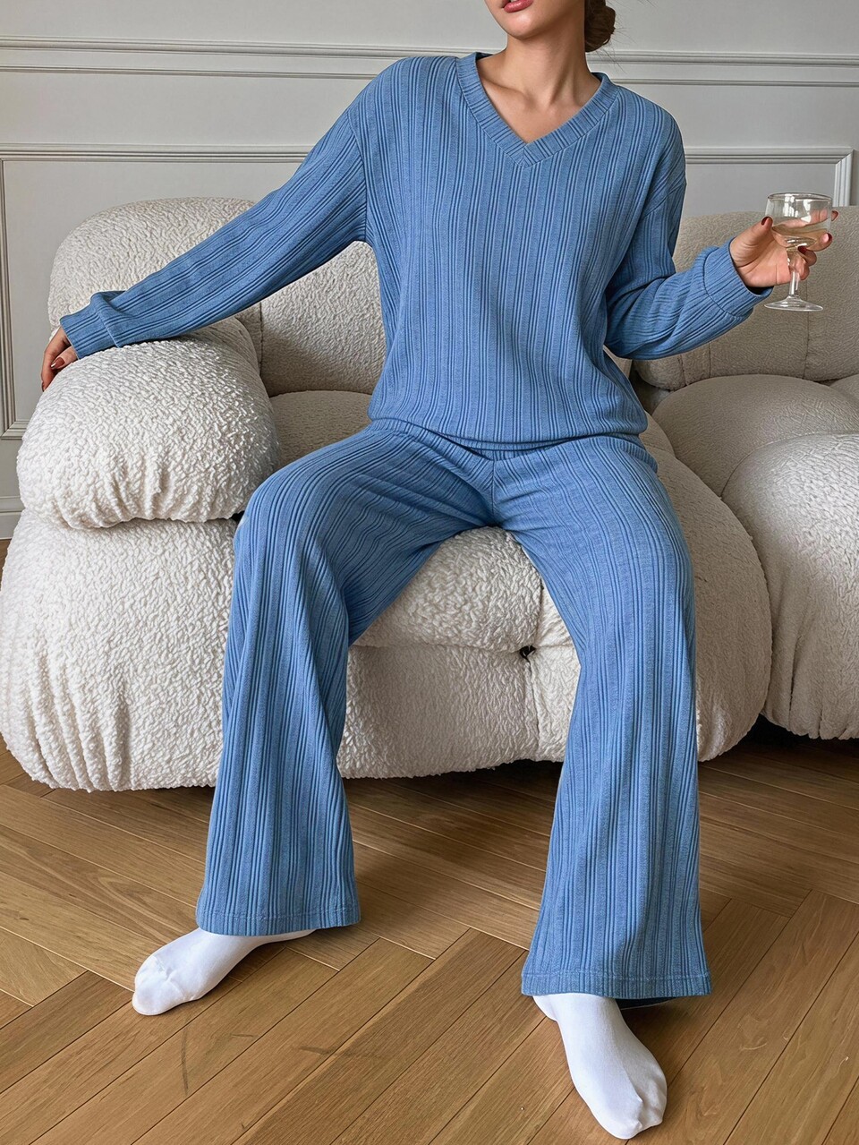 Women's Solid Color Long Sleeve Top And Pants Casual Daily Home Sleepwear Set