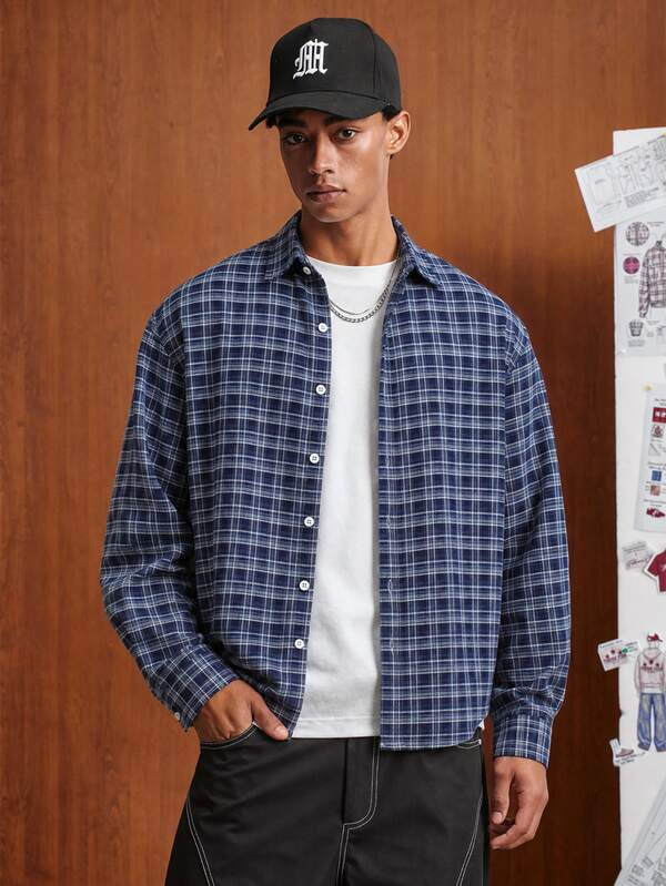 PAVTROS Men's Navy Blue Plaid Shirt, Autumn Casual Vacation Back To School Short Sleeve Plaid Shirt, Classic Style, Also Suitable For Formal Evening Occasions