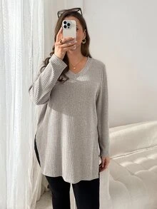 Shapeblank Plus Size Versatile Fashion Long Sleeve T-Shirt With Split Hem, Fall, Going Out Top, Simple Style, Warm Autumn Top T-Shirt For Women Fall/Winter - Apricot - View 5