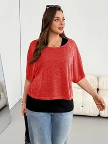 SHEIN Essnce 大尺碼女款純色內層與上衣休閒日常兩件套 - 紅色 - 查看 6