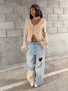 StreetHx Women's Autumn Fashion Tassel Patchwork Cardigan - Dusty Pink - View 6