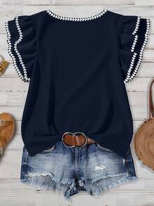 Mellowie Plus Size Women's Round Neck Contrast Color Casual Versatile Daily Wear Shirt - Navy Blue - View 3