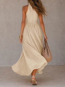 Solivie Women's Solid Color Pleated Casual Party Summer Dress - Apricot - View 2