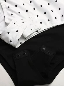 SHEIN 青少年女孩 2件組 秋冬休閒圓領針織純黑色配白色波點印花長袖按扣可拆卸易穿脫連身褲套裝 - 黑與白 - 查看 4