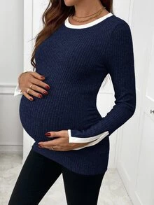 SHEIN 孕婦休閒拼接飾邊長袖T恤，秋季 - 藏蓝色 - 查看 3