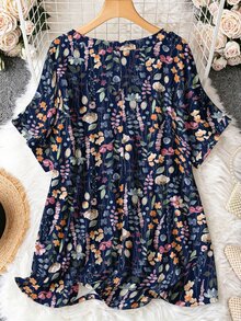 EMERY ROSE Plus Size V-Neck Batwing Sleeve Floral Print T-Shirt - Multicolor - View 2