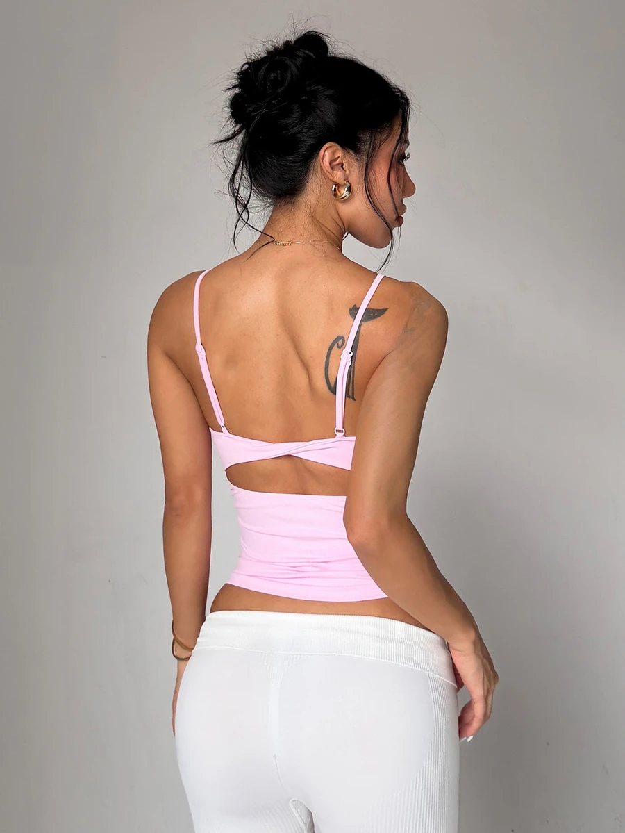 SHEIN Dewbera 女款無縫瑜伽運動背心,露背細肩帶設計 - 粉色 - 查看 1