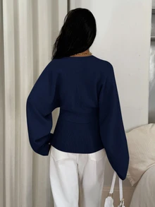 Siren Gaze Women's Solid Color Button Fitted Waist Knit Cardigan, Casual Everyday Wear, Autumn/Winter - Navy Blue - View 2