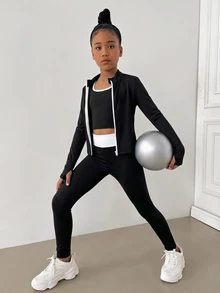 SHEIN 青少年女孩黑白拼色前開襟拉鍊夾克背心內搭褲運動套裝 3件組 - 黑與白 - 查看 14